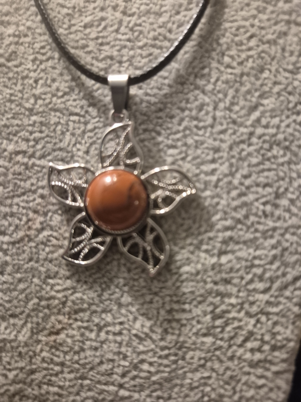 Silver Flower Pendant Necklace with Orange Cabochon